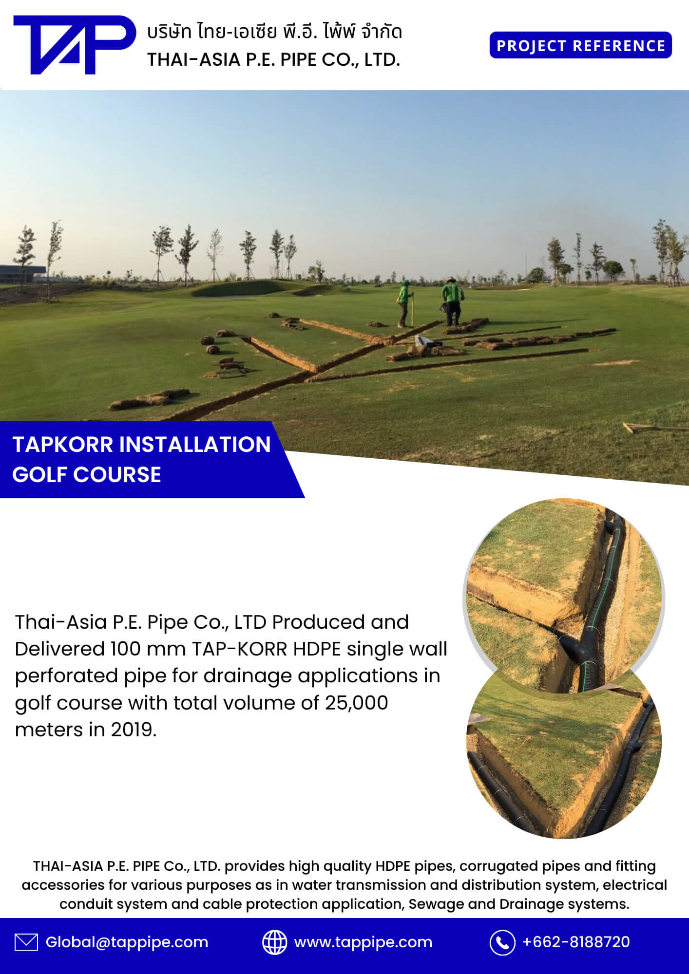 Infographic illustrating the installation process of corrugated pipes ( TAPKORR ) in a golf course