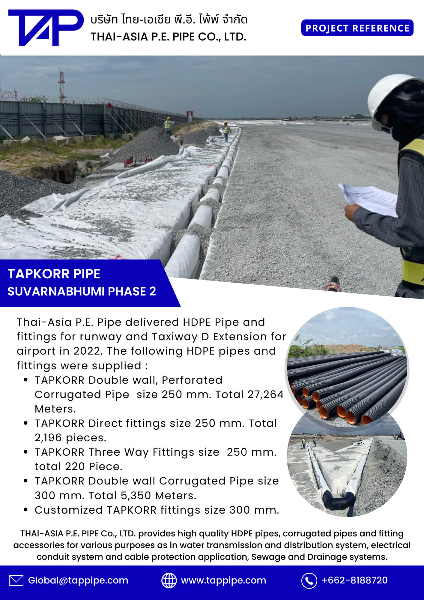 Infographic illustrating information about the corrugated pipe ( TAPKORR ) used in Suvarnabhumi Airport Phase 2