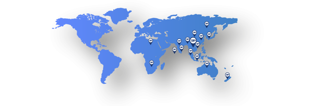 Geographic map showcasing customer locations utilizing TAP's products, highlighted in blue