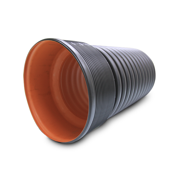 Corrugated PE Pipe ( TAPKORR ) Series A, double wall type, with black outer wall, orange-brown stripes, and an inner wall of orange sugar. Includes pipe fittings and a single bell end socket part