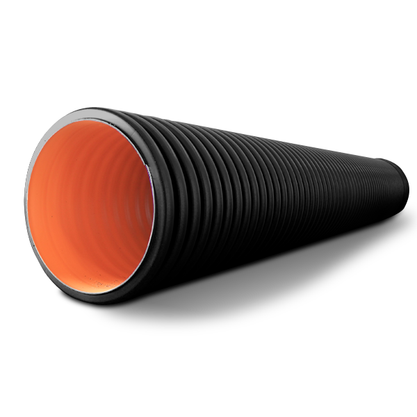 Double Wall PE Corrugated Pipe ( TAPKORR ) series B with black outer wall, orange-brown striped design, and inner orange sugar wall
