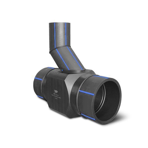 Reinforced butt fusion fittings with RBT45 ( Reinforced Branch Tee with 45-degree angle ) design for branching HDPE pipes at a 45-degree angle with enhanced strength and durability